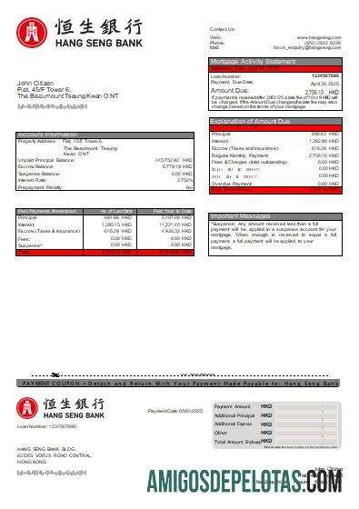 Declaração de hipoteca do banco Hang Seng de Hong Kong exemplo real